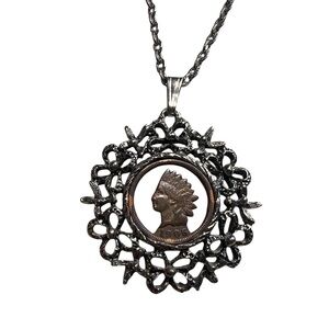 Vintage 1906 Indian Head Penny cut out Pendant Necklace Silverish‎ gunmetal tone